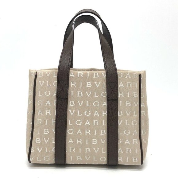 BVLGARI Logo mania Tote Bag Hand Bag Canvas/Leather Beige - Picture 2 of 10